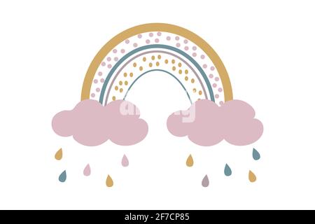Cute baby boho rainbow with clouds and rain in scandinavian style, lovely decoration isolated on white background. Pastel colors, baby shower, nursery. . Vector illustration Stock Vector