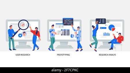 Software testing and user experience research banners set with developers characters. User experience, prototyping and web development, flat vector il Stock Vector