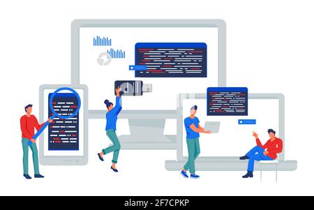 Adaptive app development and programming banner with characters of programmers. Cross platform website. Multi device development and software engineer Stock Vector