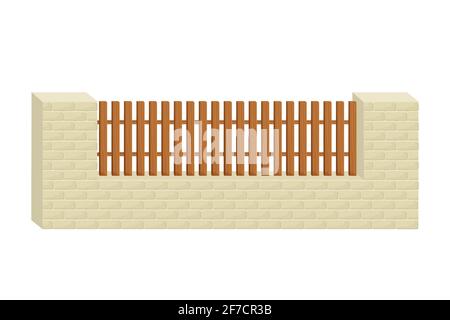 Fence from stone bricks and wooden planks in cartoon flat style isolated on white background. Building, construction for protection. Design element. Stock Vector illustration Stock Vector