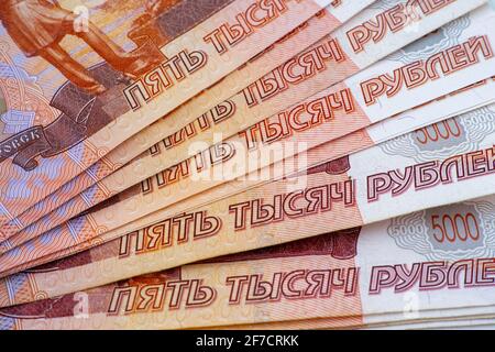 A heap of five thousand ruble banknotes. Close up. Stock Photo