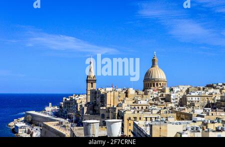 Valletta, Malta, Feb 27, 2020. Malta Valletta city skyline in a sunny day. Stock Photo