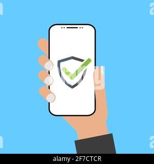 Modern design style hand holding the smartphone with shield screen . Stock Vector