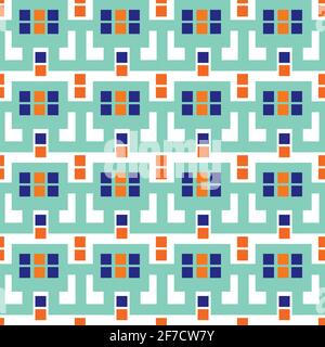 Modern Moorish style geometric vector pattern background. Backdrop with mosaic squares and interlinked shapes. Blue, indigo, neon orange repeat with Stock Vector