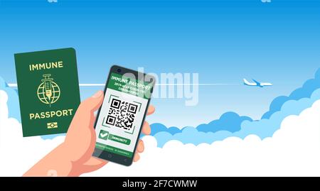Digital and paper immune passport for flight on blue sky background. Safety travel after Covid-19  Vaccination. Vector Stock Vector