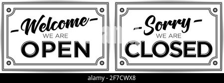 Elegant Hanging Door Plates Open and Closed. Retro style vector signs set Stock Vector