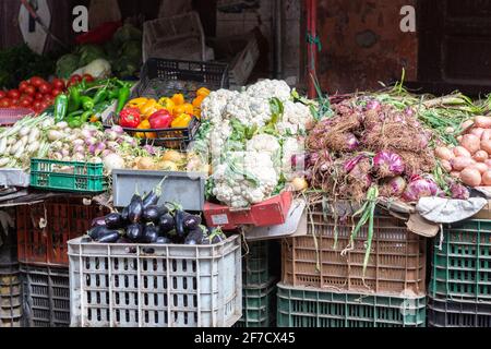 Fresh vegetables in boxes at a market in the medina of Marrakech, Morocco Stock Photo