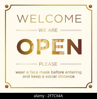 Welcome, we are open. Retro hanging door sign. Gold on a beige background. Vector Stock Vector