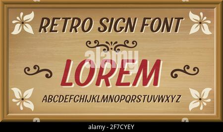 Vintage shop sign with retro alphabet font in wooden background. Vector Print illustration Stock Vector