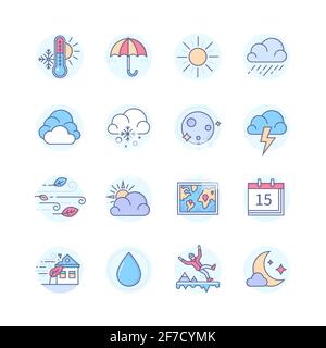 Weather mobile app - line design style icons set. Seasonal and forecast idea. Thermometer, umbrella, sun, rain, cloudy, snow, moon, lightning, wind, p Stock Vector