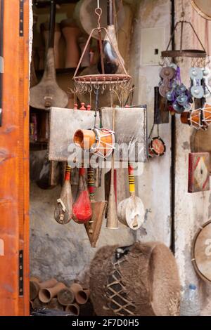 Musical instruments in souk Kimakhine in Marrakech, Morocco Stock Photo