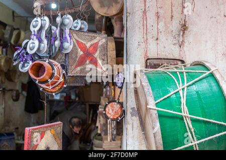 Musical instruments in souk Kimakhine in Marrakech, Morocco Stock Photo