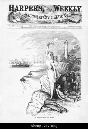 Thomas Nast, February 1880 cover of Harper's Weekly depicting the Irish Famine of 1879. The illustration is entitled ' The Herald of relief from America'. A woman is standing on an Irish cliff with a sign saying 'Help' with an inscription below saying 'We are starving - Ireland'.