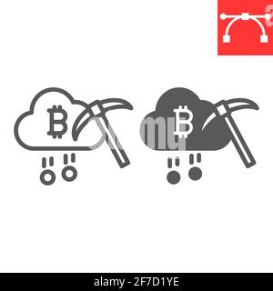 Cloud mining line and glyph icon, cryptocurrency and bitcoin, cloud with pickaxe vector icon, vector graphics, editable stroke outline sign, eps 10. Stock Vector
