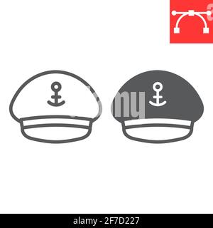 Captain hat line and glyph icon, sea and uniform, captain cap vector icon, vector graphics, editable stroke outline sign, eps 10. Stock Vector