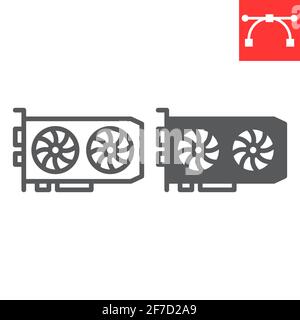 GPU card line and glyph icon, hardware and bitcoin mining, graphic card vector icon, vector graphics, editable stroke outline sign, eps 10. Stock Vector