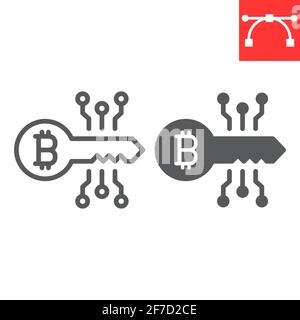 Bitcoin key line and glyph icon, security and protection, digital key icon, vector graphics, editable stroke outline sign, eps 10. Stock Vector