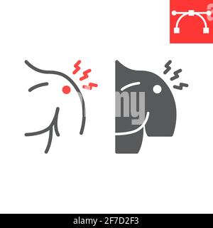 Shoulder pain line and glyph icon, arthritis and injury, shoulder ache vector icon, vector graphics, editable stroke outline sign, eps 10. Stock Vector