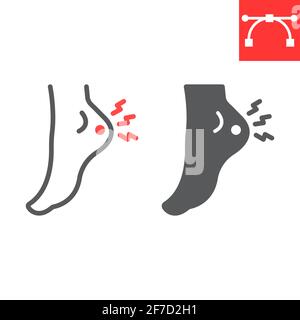Heel pain line and glyph icon, painful and illness, foot ache vector icon, vector graphics, editable stroke outline sign, eps 10. Stock Vector