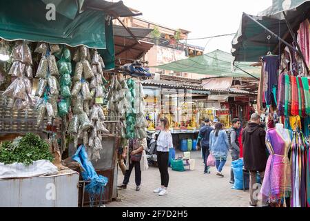 Market stands at the Djemaa el Fna in Marrakech, Morocco Stock Photo