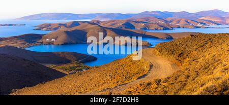 wonderful nature scenery of Greece. Astypalea (Astipalaia) island . Golden hills over sunset Stock Photo