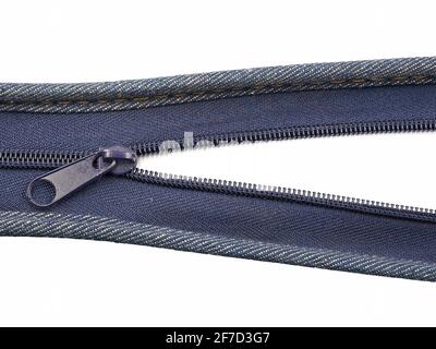 close up of half open blue zipper for clothing isolated on white background Stock Photo