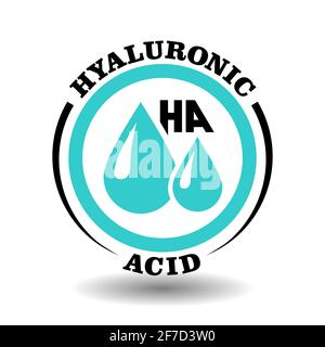 Round vector icon of Hyaluronic acid component with drop sign for HA medical labeling, contain Hyaluron ingredient cosmetics package, anti-age beauty Stock Vector