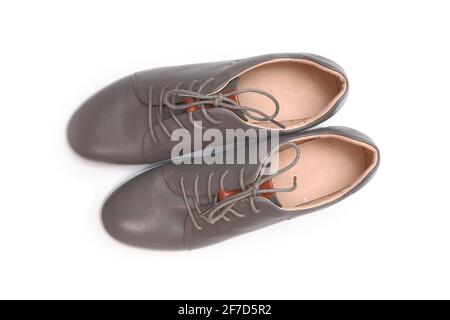 grey leather shoes isolated on a white background. Stock Photo