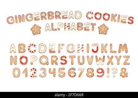 Christmas gingerbread cookies alphabet. Biscuit letters for xmas messages and design. Vector figures with sugar decorations. Stock Vector