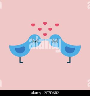 Two birds kiss. Element of wedding invitation with hearts and birds in love. Vector illustration Stock Vector