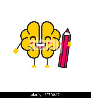 Brain cartoon character holding pencil. Storytelling logo, writer icon. Training of writing skills concept. Stock Vector