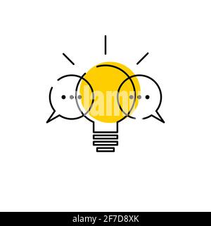 Brainstorming icon. Light bulb and two comment bubbles. Teamwork simple linear logo. Business concept Stock Vector