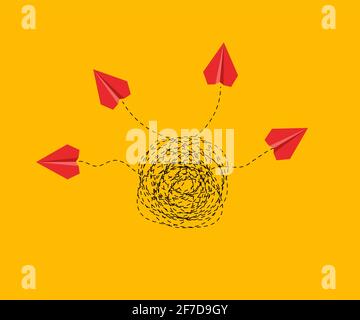 Creative concept. Paper airplanes flying out of  tangled tangle. Business idea illustration. Brainstorming hand drawn logo Stock Vector
