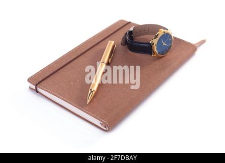 notepad or paper notebook with pen isolated on white background, leather pad isolate Stock Photo