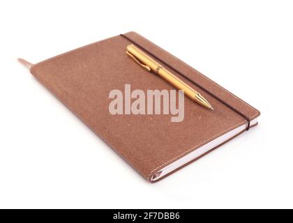 notepad or paper notebook with pen isolated on white background, leather pad isolate Stock Photo