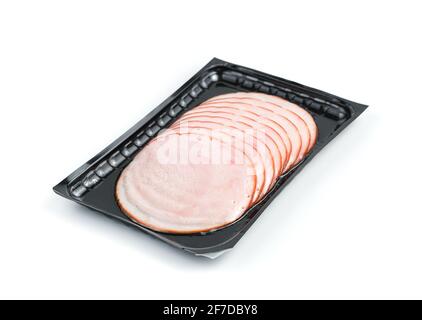 Turkey ham in vacuum packaging, isolated on a white background. Side view. Stock Photo