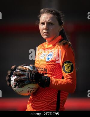 Crawley, UK. 04th Apr, 2021. Goalkeeper Megan Walsh of Brighton & Hove Albion women during the FAWSL match between Brighton and Hove Albion Women and Manchester United Women at The People's Pension Stadium, Crawley, England on 4 April 2021. Photo by Andy Rowland. Credit: PRiME Media Images/Alamy Live News Stock Photo
