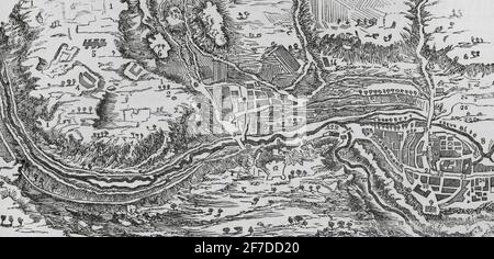 Plan of Uxama Argaela, ancient Celtiberian-Roman city. Spain. Engraving. Crónica General de España, Historia Ilustrada y Descriptiva de sus Provincias. Castilla-La Vieja, 1870. Stock Photo