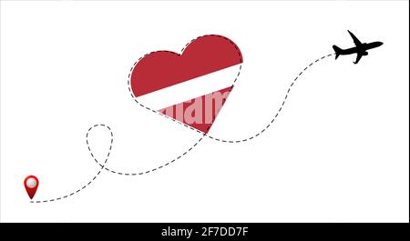 Airplane flight route with the Israel flag inside the heart. Travel to your beloved country. Vector flat illustration. Stock Vector