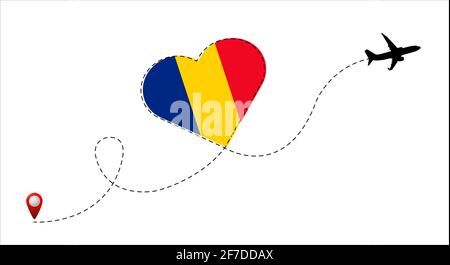 Airplane flight route with the Romania flag inside the heart. Travel to your beloved country. Vector flat illustration. Stock Vector