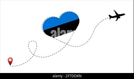 Airplane flight route with the Estonia flag inside the heart. Travel to your beloved country. Vector flat illustration. Stock Vector