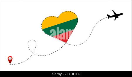 Airplane flight route with the Lithuania flag inside the heart. Travel to your beloved country. Vector flat illustration. Stock Vector
