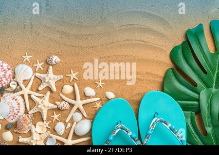 Sea background with flip flops, tropical leaf and starfish and seashells on the beach sand. The concept of travel, vacation. Stock Photo