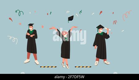 Graduation year 2021. Various students in graduation gowns and face medical masks. Keeping a safe distance at the prom. University and high school stu Stock Vector