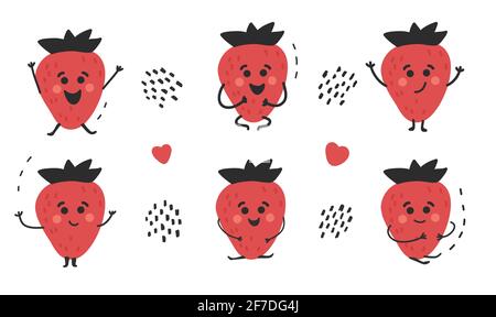 Hand drawn cute funny happy red strawberry set. Childish cheerful character. Healthy fruit collection. Sweet and tasty. Vector illustration Stock Vector