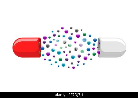 Medical capsule pill open with many colorful molecules. Medicine drug vitamin improve health concept. Red and white pharmaceutical antibiotic halves structure with particles vector eps illustration Stock Vector