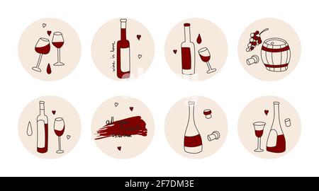 Highlights covers, posts and stories for social media. Round icons of red wine wine bottle, wine glasses, wine barrel, corkscrew. Vector flat cute ill Stock Vector