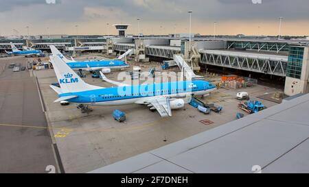Terminal and a row of parked airplanes on Amsterdam Airport Schiphol under a gloomy sky. In front a Boeing 737 of KLM Royal Dutch Airlines Air France. Stock Photo