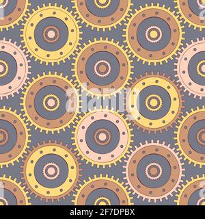 Vector seamless patern gears. Colored round gear elements of the mechanism. Isolated details on grey. Engineering mechanism, equipment Stock Vector