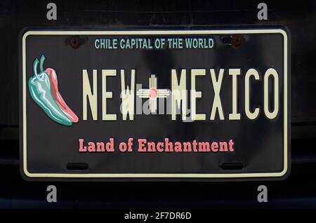 A novelty front license plate on a car in Santa Fe, New Mexico, the Chile Capital of the World. Stock Photo